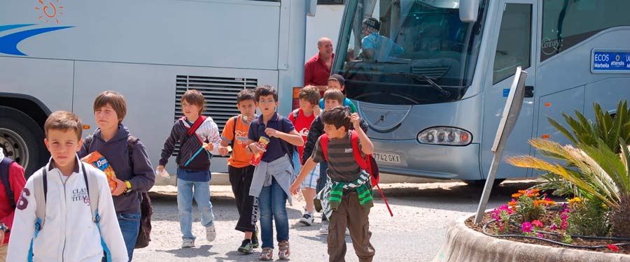 Niños llegando al colegio en el transporte escolar
